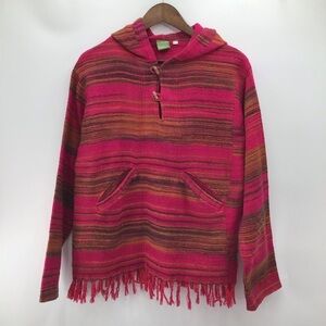 Woman’s Boho Pink and Yellow Striped Sweater Poncho